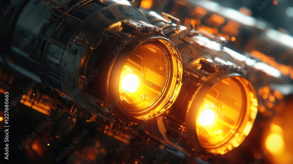 Poster conceptual close-up of advanced rocket thrusters showcasing intricate design and glowing propulsion 