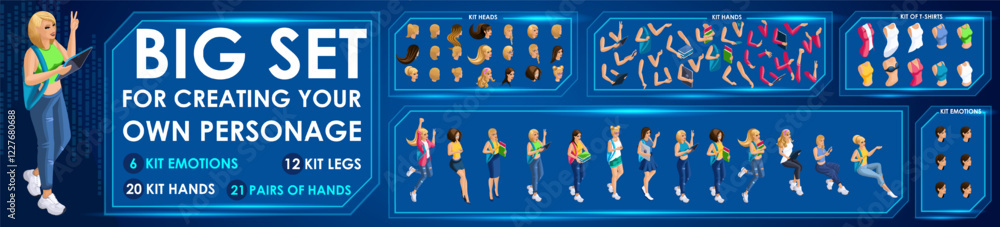 Poster isometric girl characters constructor for designed n4. presentation in various action. set of studen