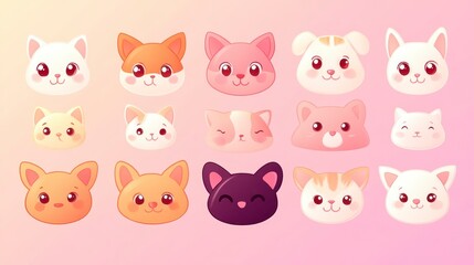 Collection of cute pixel art animal faces, featuring cats and a dog. Pastel color palette on a soft pink background. Simple, happy expressions. Ideal