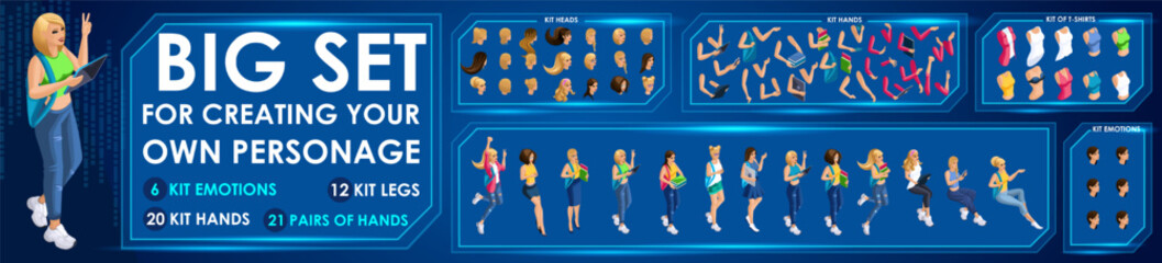 Isometric Girl characters constructor for designed N4. Presentation in various action. Set of Students personages flat style illustration