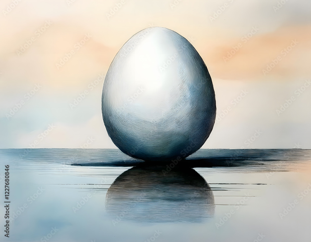 Aufkleber a smooth white sphere resting on a reflective surface with a soft pastel sky background. a minimalis