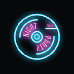 Glowing neon sign in the shape of a vinyl record announcing a night party event on 20.02