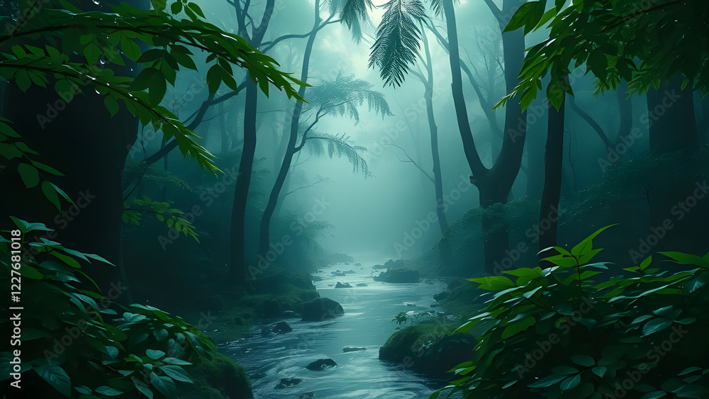 Poster a misty stream flows through a lush, green forest, sunlight filters through the dense canopy creatin