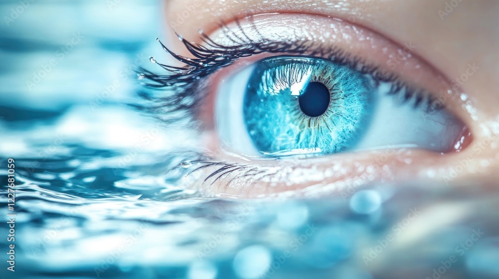 Poster close-up of blue eye partially submerged in clear water with waves and ripples reflecting light crea