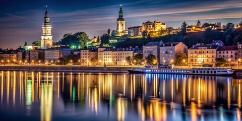 Obraz premium Belgrade Night Lights: Minimalist Sava River & Cityscape Long Exposure