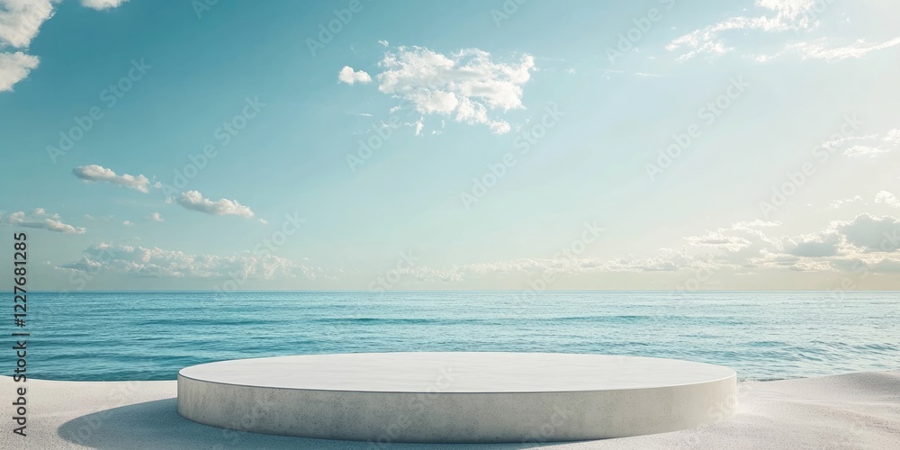 Poster minimalistic circular podium on serene beach with ocean backdrop ideal for product display and text 
