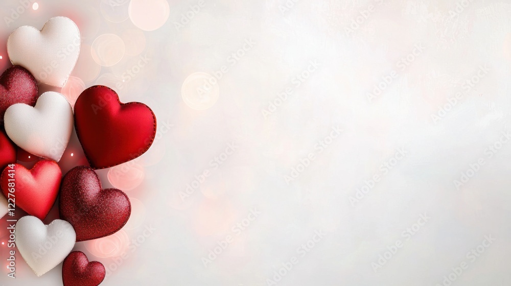 Poster a collection of colorful heart shapes in red and white, creating a festive and romantic atmosphere a