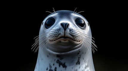 Close-up of a harbor seal face with dark eyes and visible whiskers against a black background