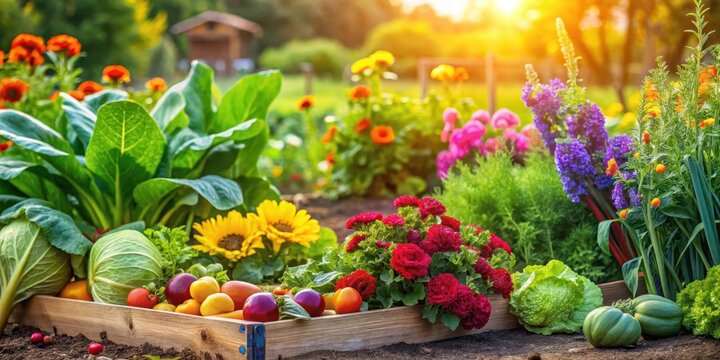 Vibrant vegetables grow on a garden bed surrounded by lush greenery and colorful flowers, fresh produce, agriculture