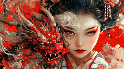 Dragon's Embrace: A captivating portrait of a woman with striking features, adorned in traditional Japanese attire, with a fierce red dragon emerging from behind her.
