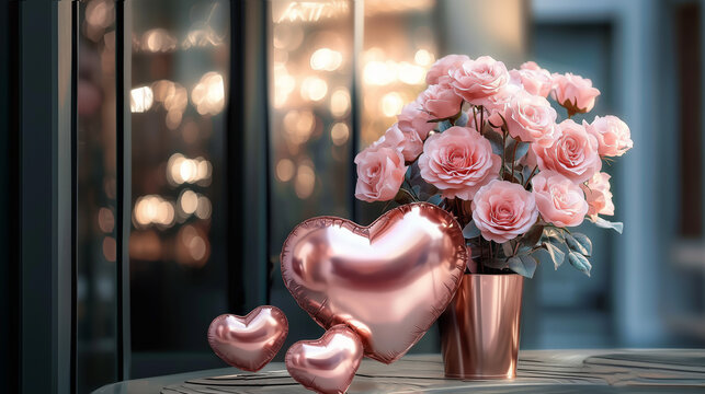 Elegant arrangement of pink roses and heart-shaped balloon, creating a romantic atmosphere suitable for special occasions