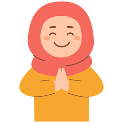 Fototapeta premium Smiling Face, Warm Greeting: An illustrated depiction of a woman dressed in hijab, hands clasped in a gesture of welcome, radiates warmth and friendliness with a genuine smile.