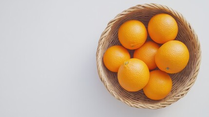 Fresh ripe oranges in a woven basket on a clean white background creating an inviting and vibrant seasonal fruit display.
