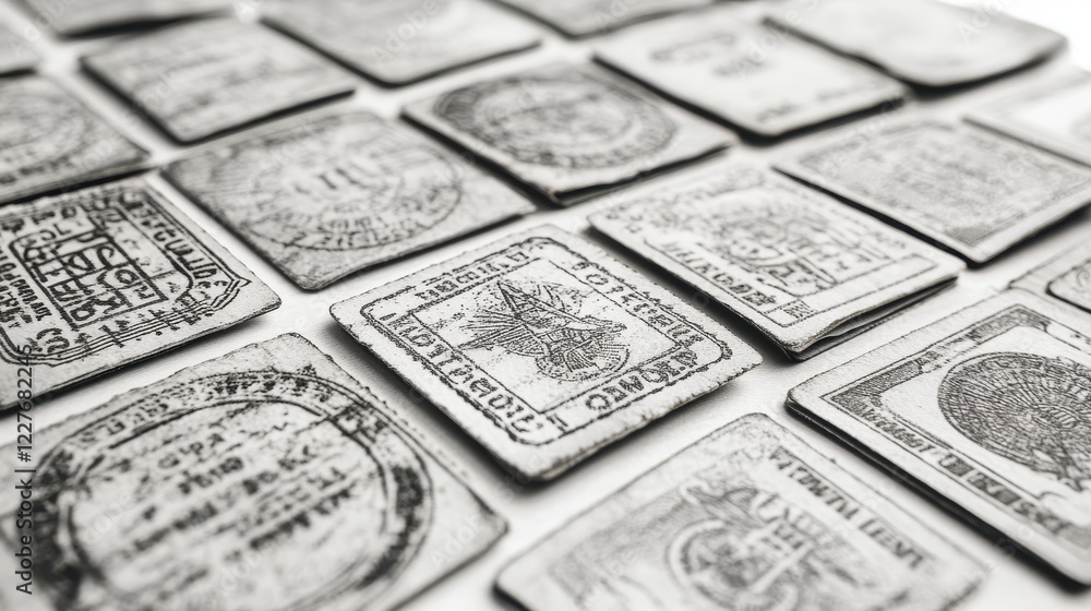 Poster collection of antique square monochrome tokens arranged in rows, featuring intricate designs and ill