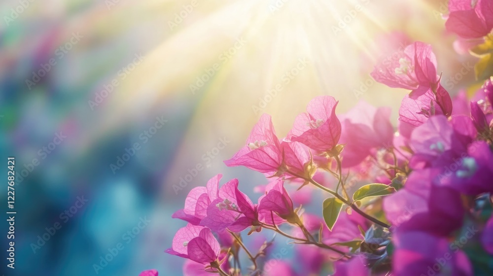 Aufkleber close up of vibrant pink bougainvillea flowers basking in sunlight with a soft-focus background and 