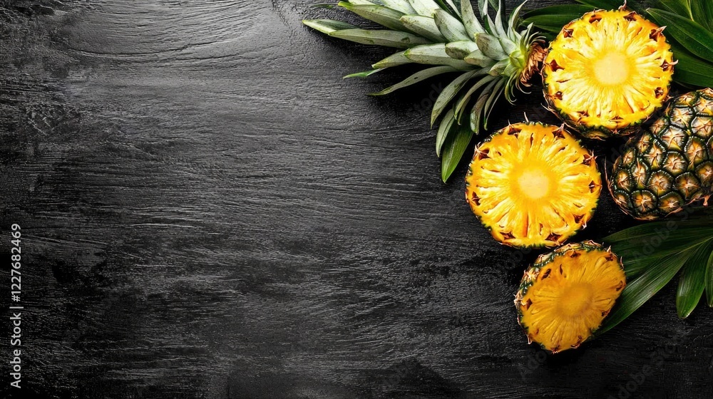 Poster fresh pineapples and leaves on dark wooden table with empty space for text and branding