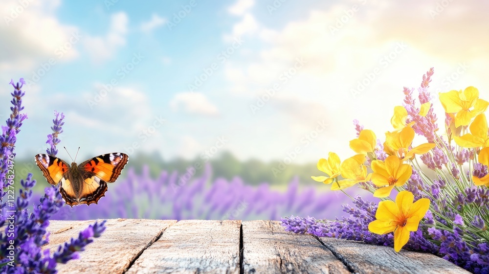 Poster yellow flowers and butterfly in lavender field against wooden backdrop with empty sky space for text