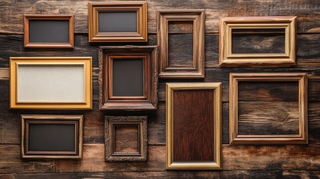 Decorative photo frame collage arranged on rustic wooden backdrop for creative display and home decor inspiration