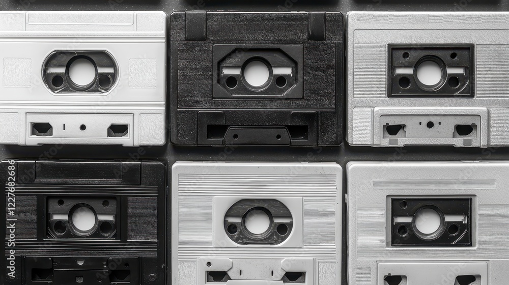 Poster close up shot of multiple audio cassette tapes arranged in a grid pattern, showcasing a mix of black