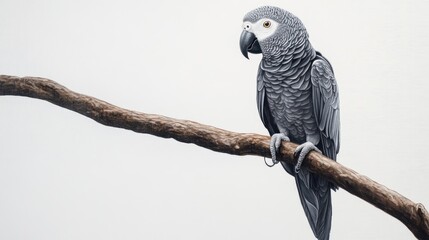 Obraz premium Elegant African Grey Parrot Perched on a Branch Against a Clean White Background Capturing the Bird's Unique Features and Expressions