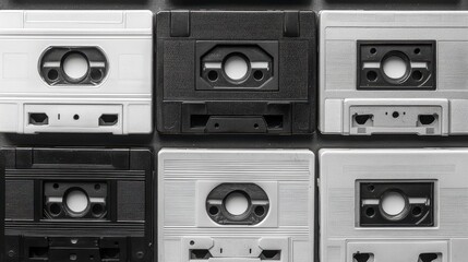 Fototapeta premium Close up shot of multiple audio cassette tapes arranged in a grid pattern, showcasing a mix of black and white colors and varying levels of wear. The
