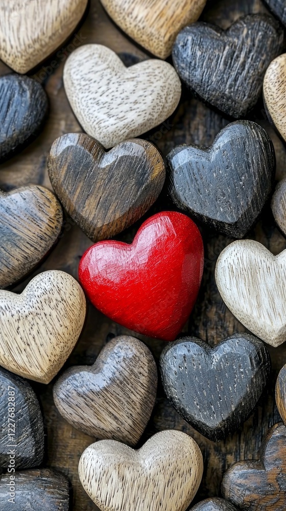 Aufkleber an artistic display features a cluster of wooden hearts in different colors and textures, with a str