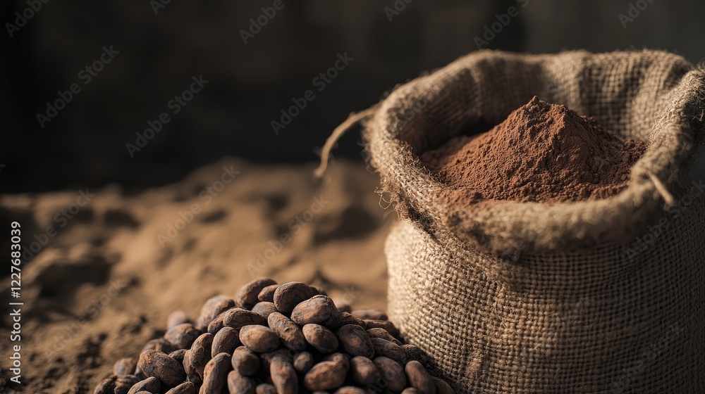 Poster organic cocoa powder in rustic sack with raw cocoa beans gathered on earthy background
