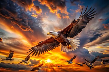 Obraz premium Bird in Flight Leading a Flock: Leadership, Teamwork, and Success Concept Stock Photo