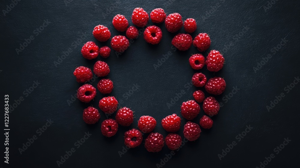 Poster fresh red raspberries arranged in a circular pattern on a dark background with ample space for text 