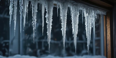 Glittering icicles hanging from a frozen windowpane, glass, shine