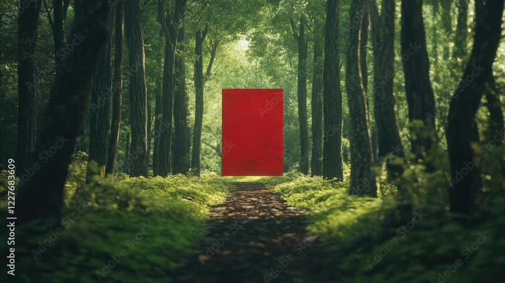 Poster mysterious forest path with vibrant red square symbolizing renewal surrounded by lush greenery and t