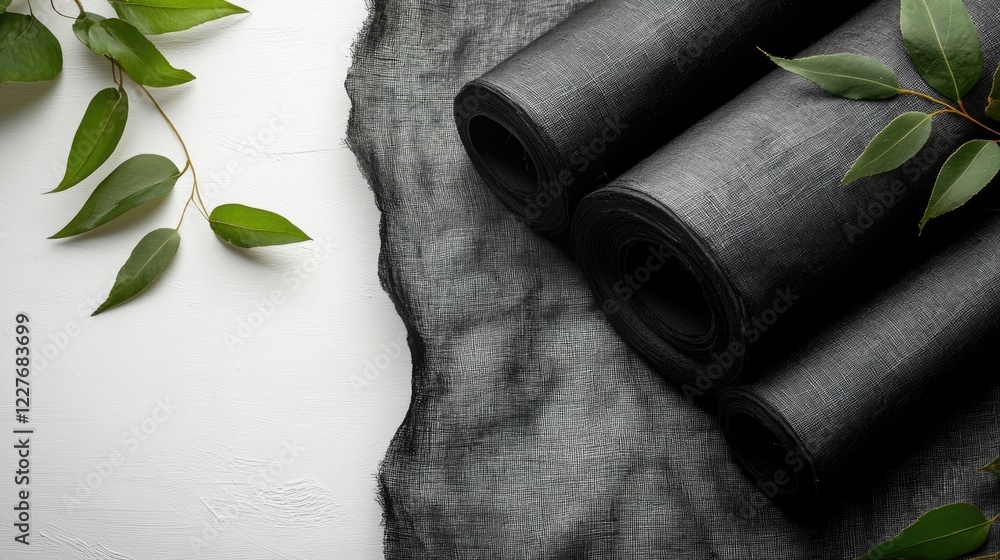 Poster empty black fabric rolls on white background with green foliage creating a modern design element for