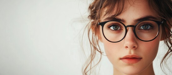 Portrait of a young woman with glasses showcasing a thoughtful expression against a minimalistic background with space for text insertion