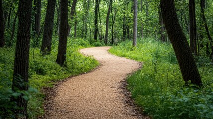 Fototapeta premium Serene Curved Pathway Through Lush Green Forest Surrounded by Trees and Vibrant Foliage
