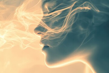 Ethereal woman exhaling smoke in soft lighting creates a mesmerizing atmosphere