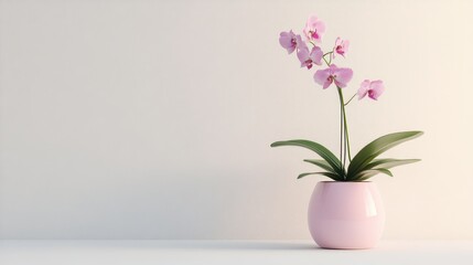 Orchid Plant in Pink Pot with Green Leaves on Minimalist White Background