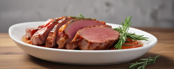 Glazed meat piece served in a simple white dish garnished with fragrant rosemary , rosemary, meat piece, green