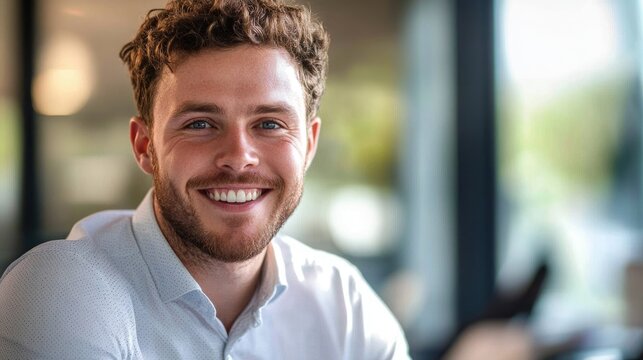 Smiling male customer service representative showcasing friendly and approachable demeanor in modern office environment