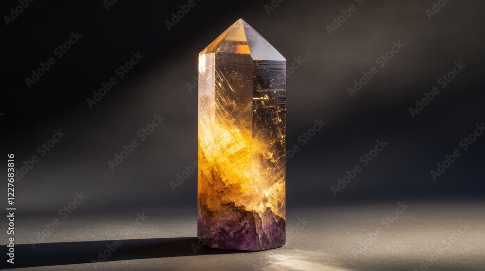 Poster cylindrical fluorite crystal displaying vibrant light reflections and intricate textures in an elega