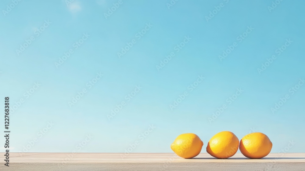 Poster fresh lemons on wooden table against a clear blue sky with ample empty space for text or design elem