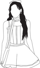 Black and White Outline of a Woman in Fashionable Attire with Accessories
