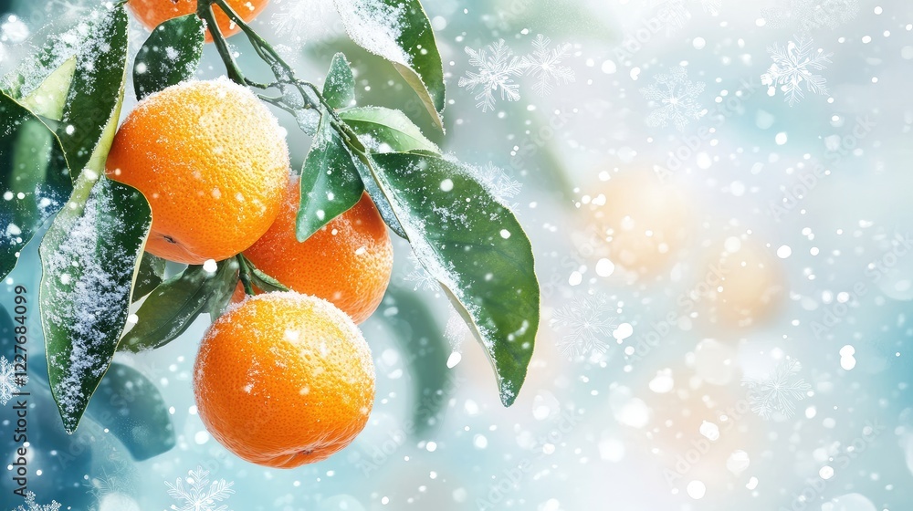 Aufkleber oranges hanging from branches with abstract snowflakes and winter background in soft focus