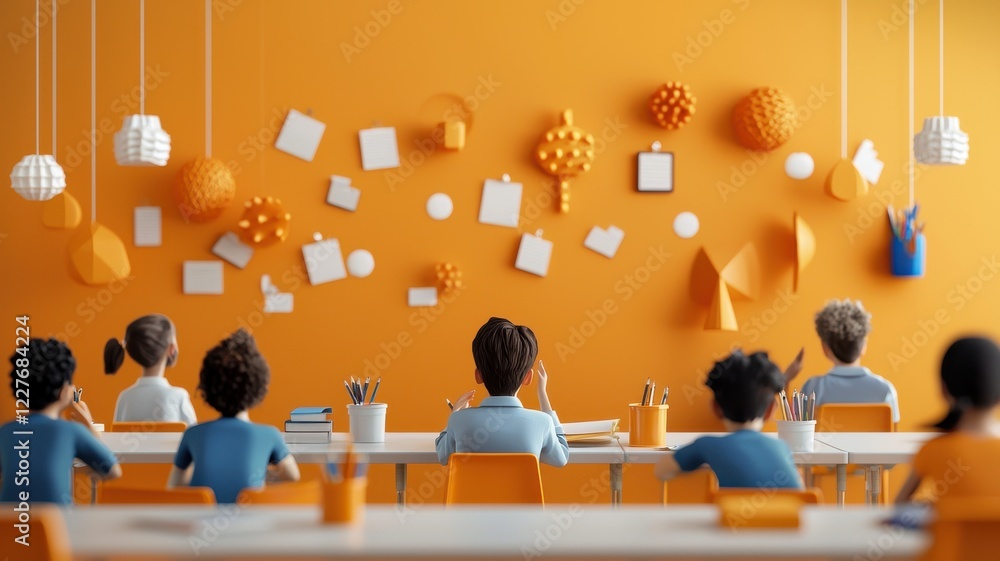 Poster a vibrant classroom with children facing an orange wall decorated with various colorful objects and 