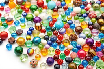 Glass beads in various shapes and sizes scattered on a plain white background, colorful, arrangement, beads
