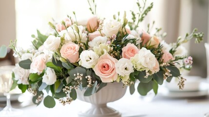Obraz premium Elegant floral arrangement featuring pastel roses and greenery in a decorative vase, perfect for events and home decor inspiration.