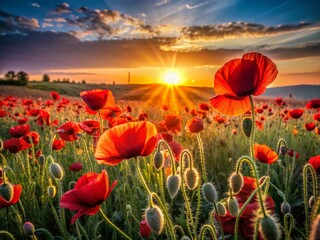 Fototapeta premium Black and White Dawn Poppy Field Photo: Serene Sunrise Landscape