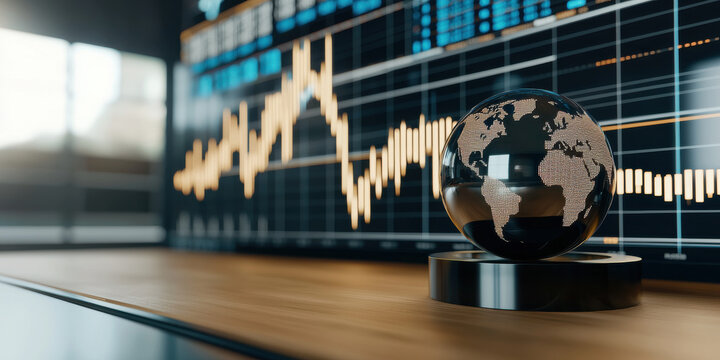 glass globe on desk with financial charts in background