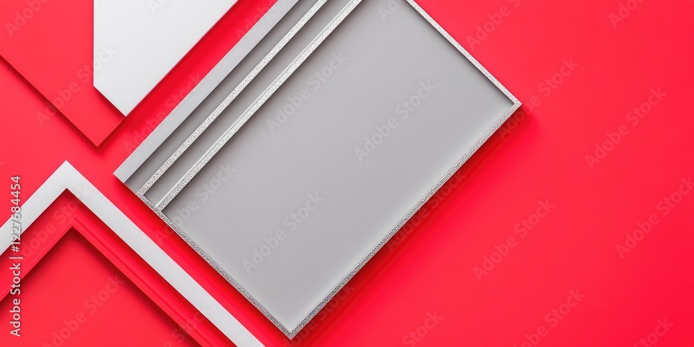 Poster gray and white abstract geometric shapes with red backdrop and silver frame for creative design bann