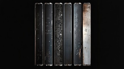 Realistic vintage film strip emulation with textured surfaces in vertical arrangement highlighting wear and age effects.