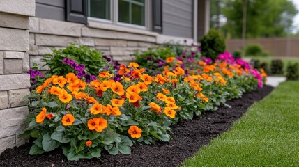 Vibrant Orange Pansy Flowers Surrounded by Colorful Petunias in a Well-Maintained Flower Bed Garden